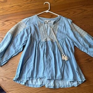 $90 Lucky Brand Women's Blue Tassel Tie Embroidered Cotton Peasant Top Size M